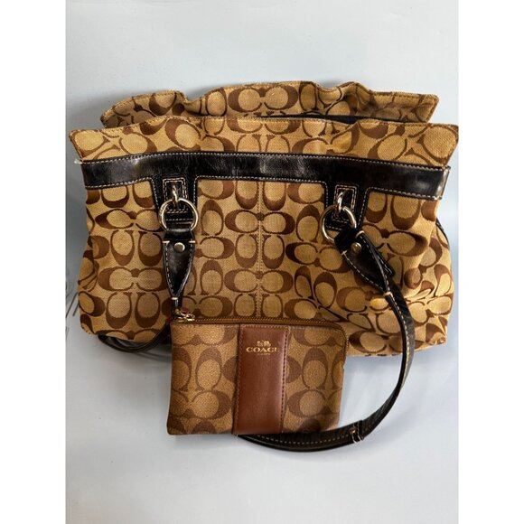 Coach Signature C Tote Bag Khaki Brown Black Leather Trim With Wristlet F14686 - Picture 1 of 8